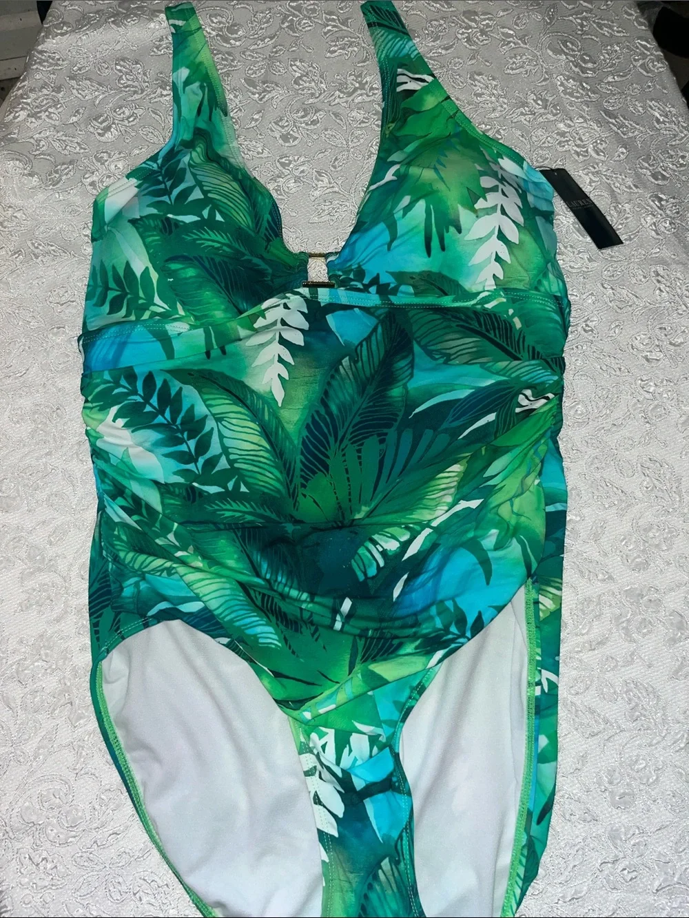 Ralph Lauren Teal & Green Tropical Leaf One-Piece Swimsuit - Picture 2 of 9